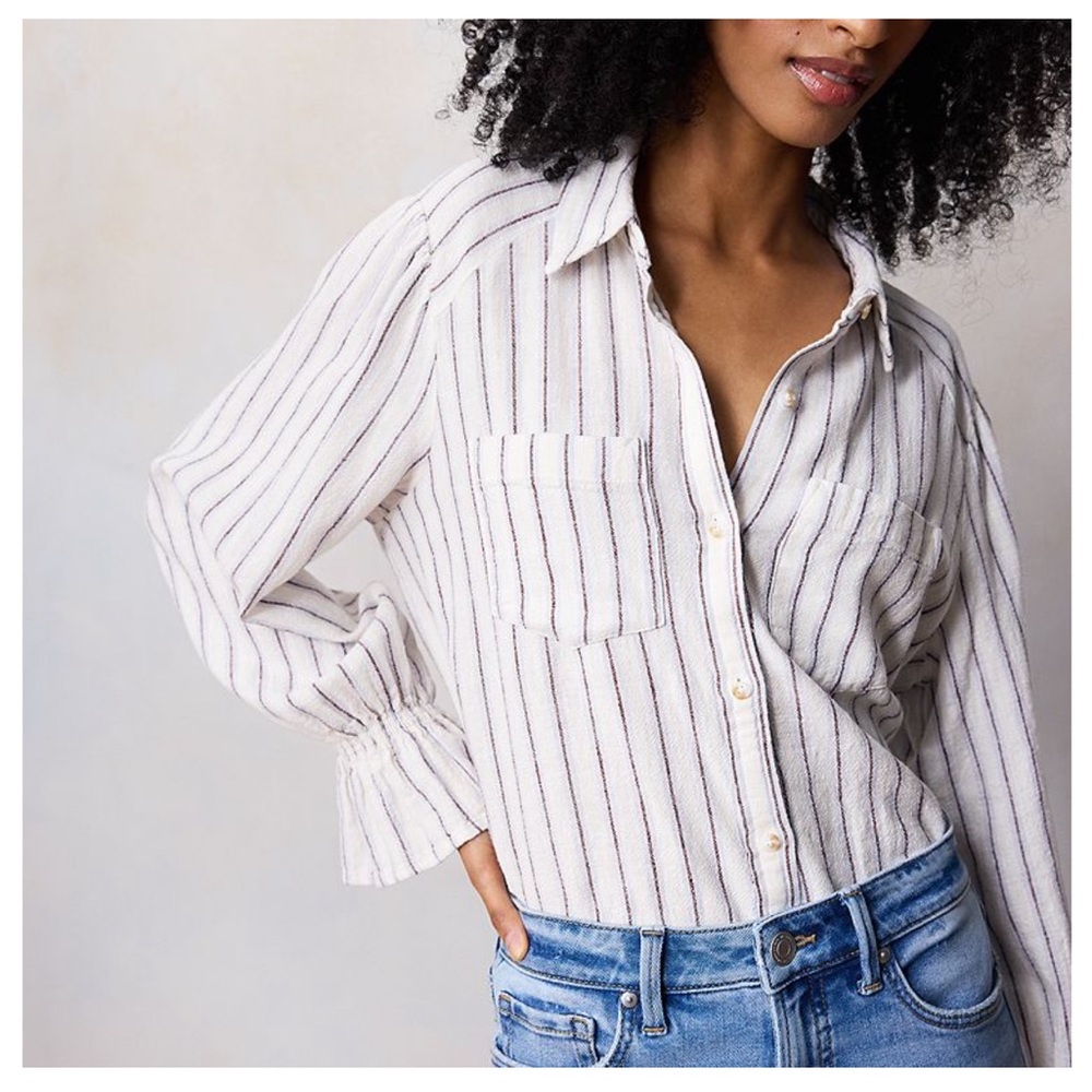 LC Lauren Conrad Women's White and Blue Striped Smocked Cuff Relaxed Shirt.